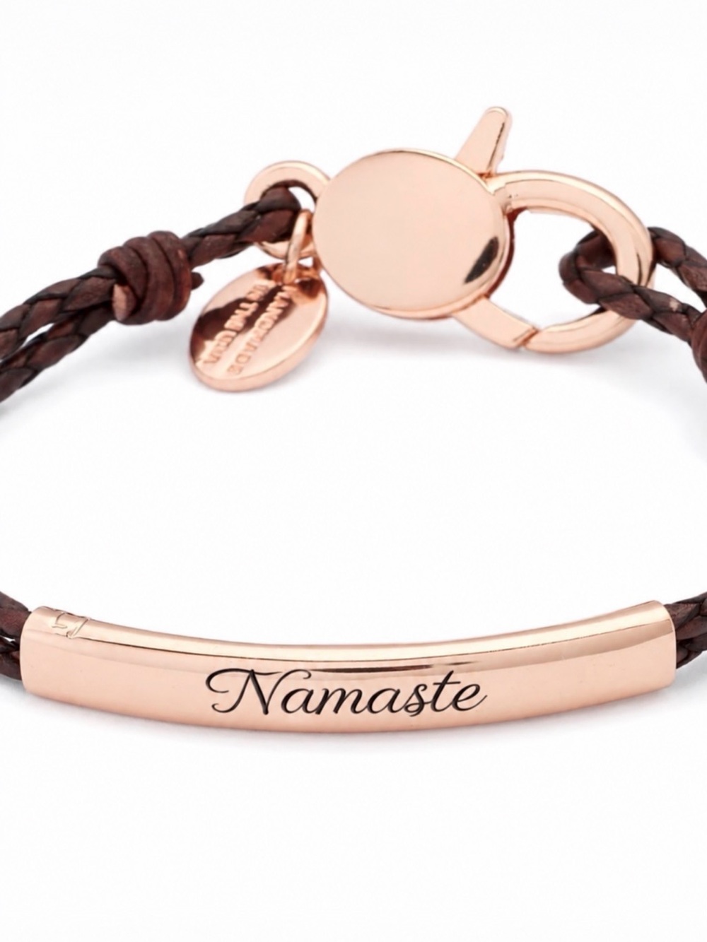 Lizzy James Rose Gold & Brown Leather Bracelet NAMASTE